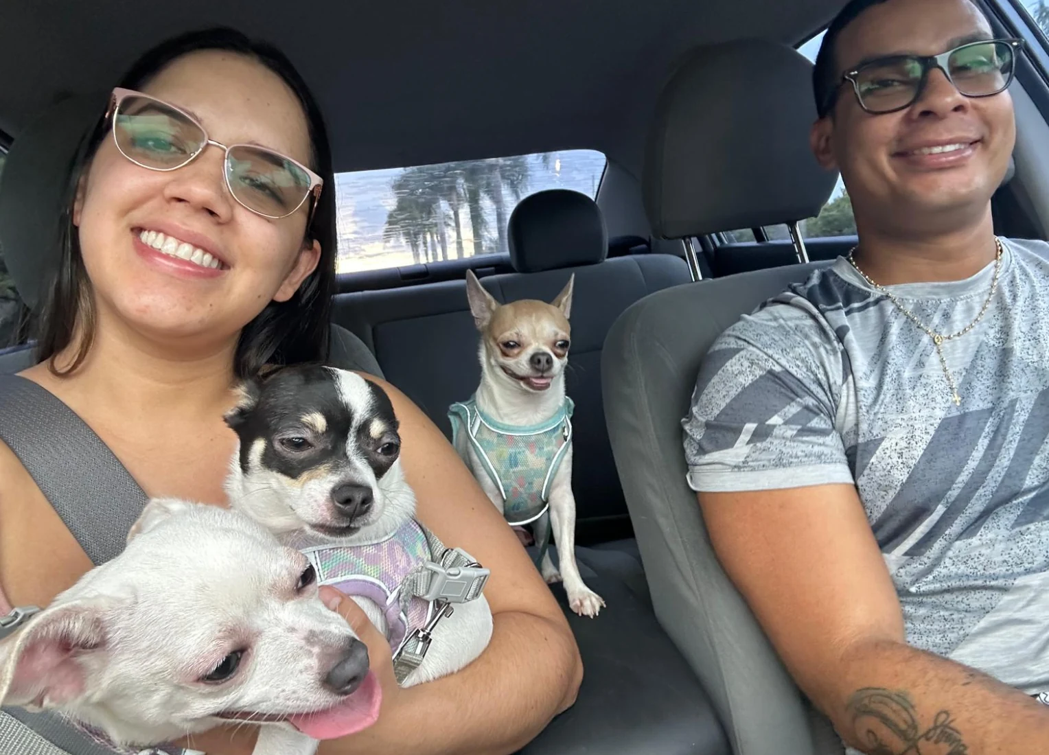 Dayana y Diego con sus perros en el carro